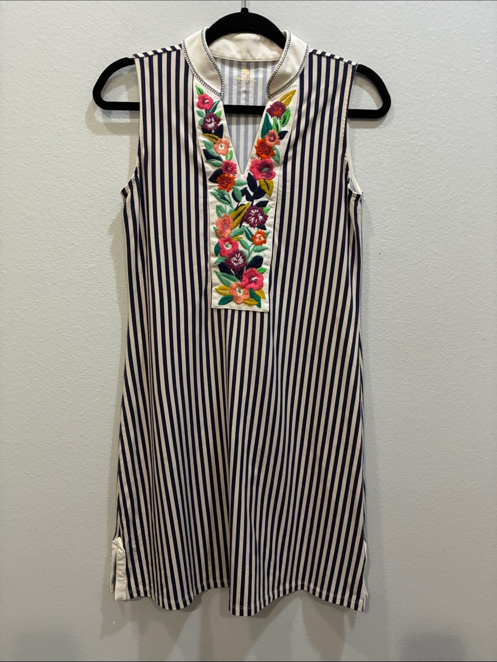 Spartina 449 Navy and Beige Striped Embroidered Midi Dress